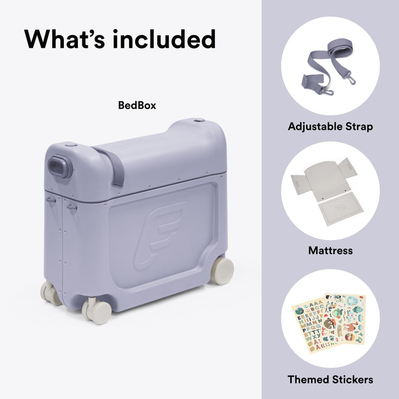 Stokke JetKids BedBox, Arctic Blue - Ride-On Suitcase for Kids 2-7 Years Old (up to 77 lbs) - Transforms Into Bed - Includes Mattress, Decorative Stickers & Adjustable Carrying Strap