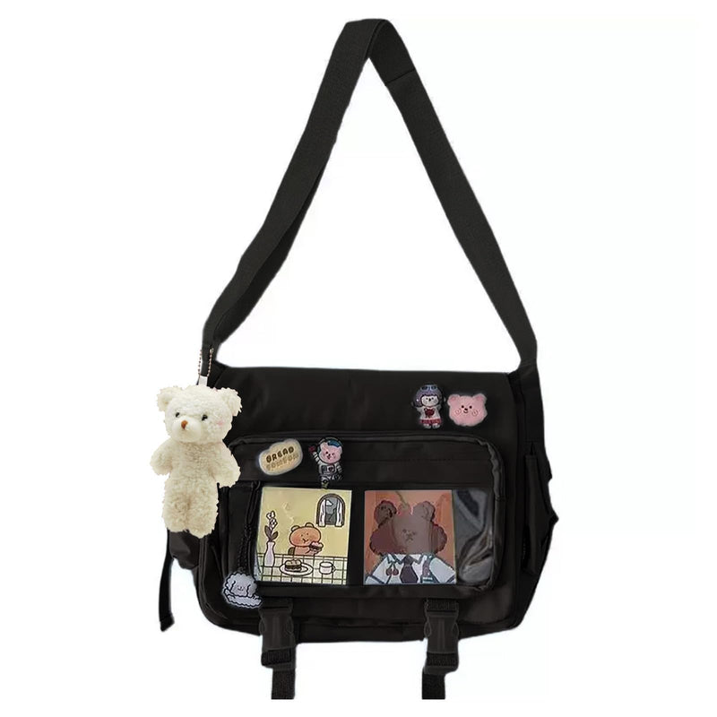 Ita Bag Crossbody - Kawaii Japanese Cute Anime Display Shoulder Bag with Pins & Bear Y2K Messenger Purse for Women (Black)