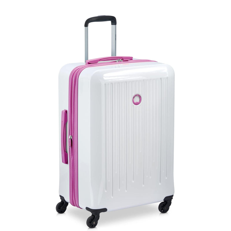 DELSEY PARIS Christine Expandable Luggage, Stylish and Unique, Glossy Exterior with 360 Spinner Wheels, Lockable Telescoping Handle, Men and Women, White with Mauve Trim, Medium Check-In 24-Inch