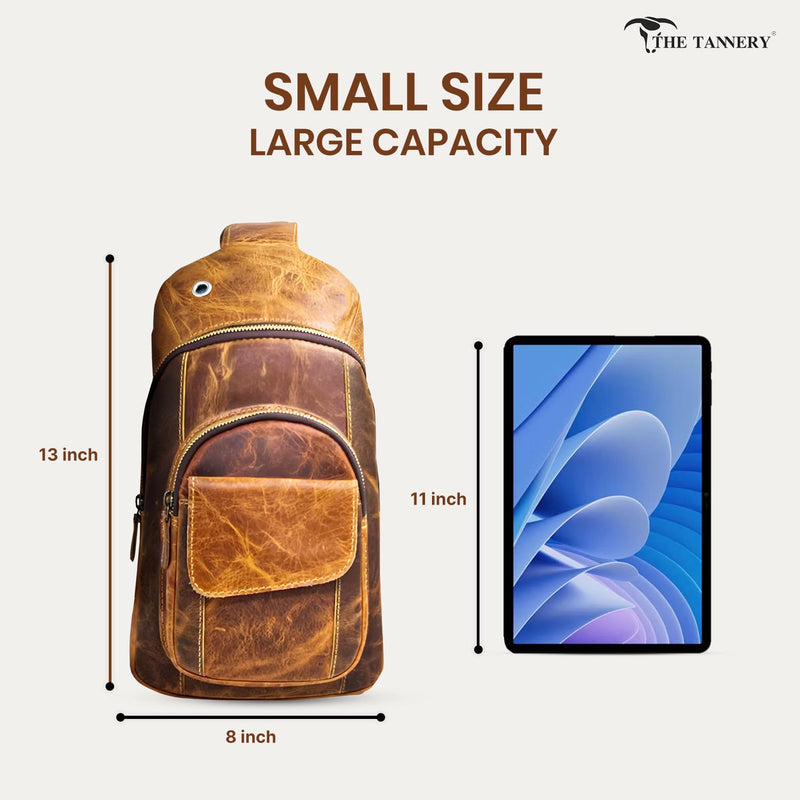 The Tannery Handmade Buffalo Leather Multipurpose Travel Hiking Crossbody Chest Backpack with Adjustable Shoulder Strap, Thanks Giving (Brown, Large)