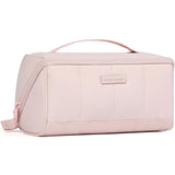 NISHEL Travel Makeup Bag for Women, Fluffy & Lightweight Open Flat Cosmetic Organizer with Multiple Functional Divider for Brush Independent Storage, Handle for Easy Portability, Pink