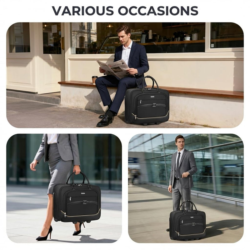 Ytonet Rolling Laptop Bag, 17.3 In Rolling Briefcase for Men Women with Accordion File Pockets, Anti Theft Laptop Bag with Wheels, Professional Roller Underseat Bag for Travel Work Teacher, Black