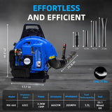 63CC Gas Backpack Leaf Blower, 2 - Stroke Engine, 665 CFM, 205 MPH for Lawn Care, Yard Debris & Snow Removal