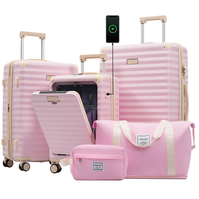 Merax Luggage Sets 3 Piece Front Opening, Hardside Lightweight Carry on Suitcase with Cup Holder USB Port,Durable Expandable Luggage with Bags Spinner Wheels and TSA Lock,Pink