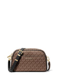 Michael Kors Jet Set Small Camera Crossbody Bag, Gold-Tone Hardware/MK Signature Coated Twill/Brown/Black
