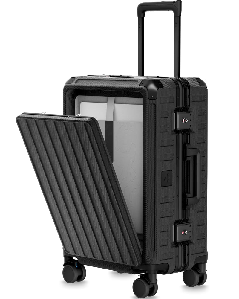 LUGGEX Zipperless Carry On Luggage with Spinner Wheels, SF81 Aluminum Polycarbonate Hard Shell Front Opening Suitcase, TSA & Cup Holder (ZX-Pro, Black, 21 Inch)