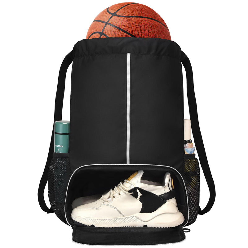 GiMiUiTo Large Waterproof Drawstring Backpack Bag with Separate Shoe Compartment,Sports Backpack for Gym, Sports,Travel,Black