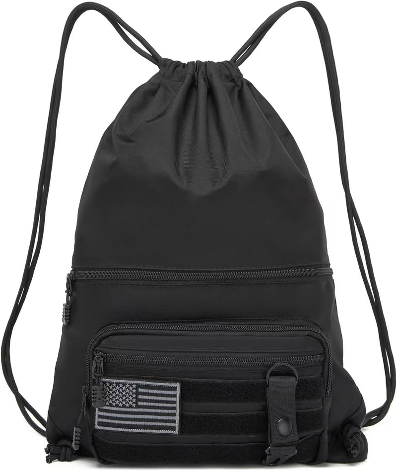 seyfocnia Drawstring Backpack Tactical String Bag with Zipper Pockets Waterproof Cinch Bag Sport Gym Sackpack - Black
