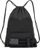 seyfocnia Drawstring Backpack Tactical String Bag with Zipper Pockets Waterproof Cinch Bag Sport Gym Sackpack - Black