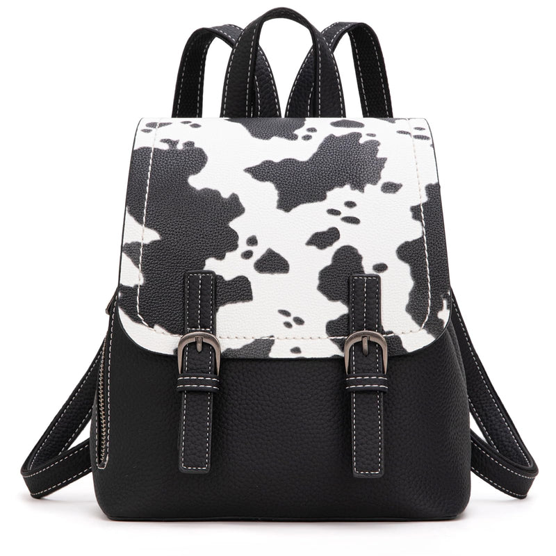 Montana West Black Cow Print Mini Womens Backpack Purse Vegan Leather Small Colorblock Backpack for Women Cute Convertible Shoulder Bag