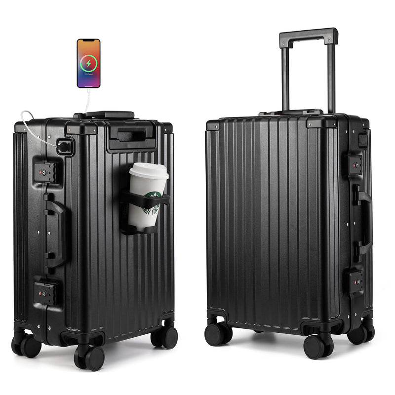 Hard Shell Carry On Luggage 22x14x9 Airline Approved,20 Inch Aluminum Luggage with 100% 3-Layer PC,Carry On Suitcases with Wheels,Cup Holder and USB Port (Classic Black, 20 inch)
