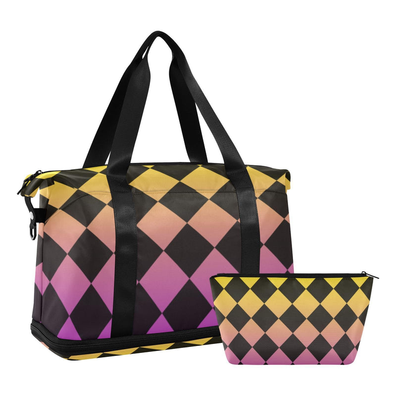 Buffalo Plaid Yellow Purple Black Gradient Oversized Travel Duffel Bag Travel Weekender Gear Bag with Toiletry Bag for Yoga Large Capacity