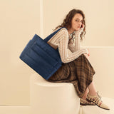 KALIDI Quilted Tote Bag, Carryall Puffer Shoulder Bag Padded Travel Large Anti Splash Zipper Casual Work Gym Women, Dark Blue