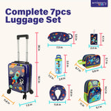 emissary 7pcs Space Boy’s Luggage Set with wheels – Rolling Luggage, Backpack, Eye Mask, Toiletry Bag, Suitcase Tag, Neck Pillow & Water Bottle – Carry Luggage for Kids & Boys with Wheels