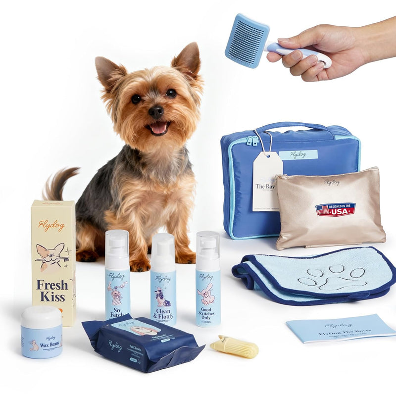 FlyDog The Rover Pet Travel Bag - 11 Piece Dog Grooming Kit with Shampoo, Conditioner, Paw Cream, Toothpaste & Toothbrush, and More, Dog Camping Essentials for Hiking and Outdoor Adventures