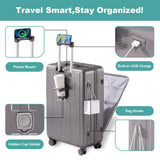 Gets Carry on Luggage Airline Approved,20 Inch Abs+Pc Hardshell Spinner Luggage With Cup Phone Holder and USB Charger,Front Pocket Durable Suitcase for Women Men-Grey