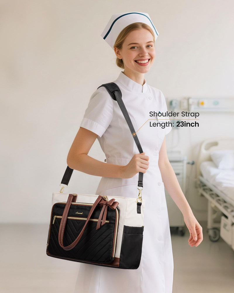 LOVEVOOK Lunch Bag, Tote Bag for Women with Insulated Lunch Compartment, Laptop Bag with Large Capacity & Cup Holder, Work Tote for Teacher, Nurse, Travel, College, Daily, Black-Beige-Brown, 15.6 Inch