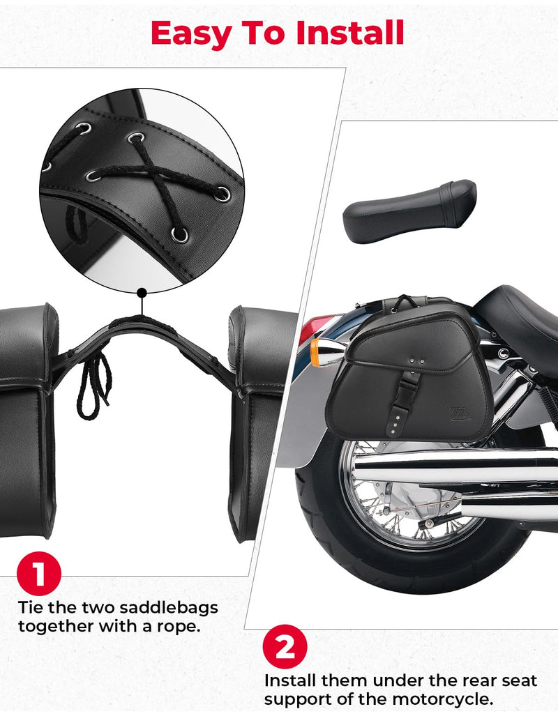 KEMIMOTO Motorcycle Saddlebags with Buckles, 16L Waterproof Throw Over Saddlebags, PU Leather Saddlebags for Sportster Softail Dyna V-star Shadow, Universal Motorcycle Accessories, Black