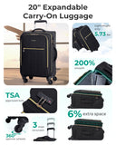 BAGSMART Carry On Luggage 20 Inch,Softside Expandable Suitcase with Spinner Wheels, Luggage 22x14x9 Airline Approved Rolling Lightweight Suitcases for Women Men, Compact Carry-On (Black)