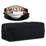 Hushee Black Velvet Makeup Bag Large Capacity Quilted Floral Cosmetic Bag for Women Cute Travel Zipper Toiletry Pouch Preppy Hair Tools Organizer Purse Clutch, 13.4