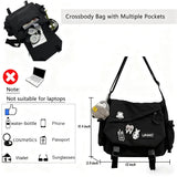 Inshere Aesthetic Crossbody Bag with Cute Pins and Ornament, Casual Shoulder Messenger Bag Japanese Kawaii Bag for Women Men (Black)