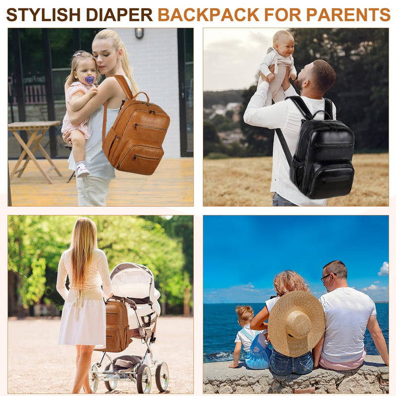 VASCHY Diaper Bag Backpack for Mum Dad, Unisex Large Waterproof Vegan Leather Baby Bag with Changing Pad,Insulated Pockets,Padded Laptop Sleeve for Travel,Brown