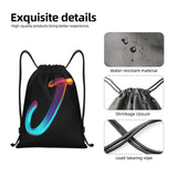 Pazacon Drawstring Bags Initial Drawstring Backpack Sackpack Black Draw String Cinch Bags for Sports, Gym, Travel, Swimming, Beach, Camping, Rainbow Letter J