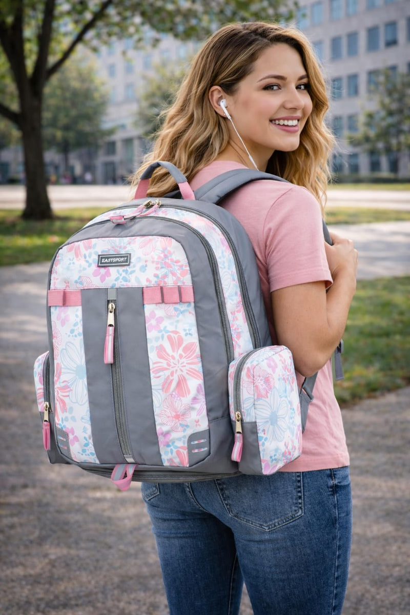 Eastsport Extra Large Backpack Expandable Oversized For Travel Hiking Work Camping Sports Outdoors With Drawstring Bag 18x13.5x9.5 Spring Floral Ash Grey