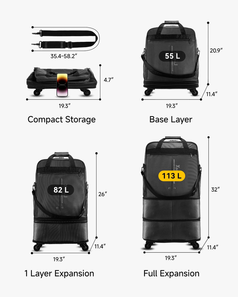 LUGGEX Travel Duffel Bags, Expandable Collapsible Luggage with Spinner Wheels, Lightweight, without Telescopic Handle, Large Capacity Suitcases with Wheel for Men Women (Black, 55L-113L)