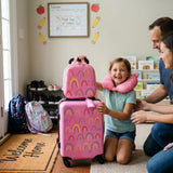 Sanwuta 4 Pcs Kids Luggage Set Rolling Suitcase Backpack U-shaped Pillow Kids Carry On Gift for Summer Travel Family Trip(17 Inch,Rainbow Style,Pink)