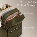 Briggs & Riley Medium Backpack for Women & Men - Daypack for Work, Personal Item Travel Bag, Carry On Size, Lightweight & Durable, Padded Straps, Fits 15" Laptop - Rhapsody Collection, Olive