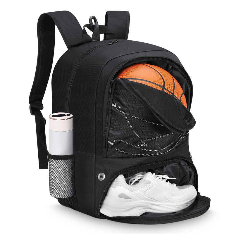 MoKo Basketball Bag Backpack, Volleyball Soccer Backpack for Men & Women with Separate Ball and Shoes Compartments, Water-Resistant, Fence Hook, Sports Bag for Clothes, Shoes, Tablets, Laptops, Black