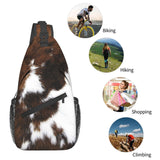 SURERUIM Cow Print Sling Bag Spotted White and Brown Animal Skin Texture Crossbody Backpack Western Farmhouse Cowhide Pattern Chest Shoulder Bag Casual Gym Sports Travel Hiking Daypack for Women Men