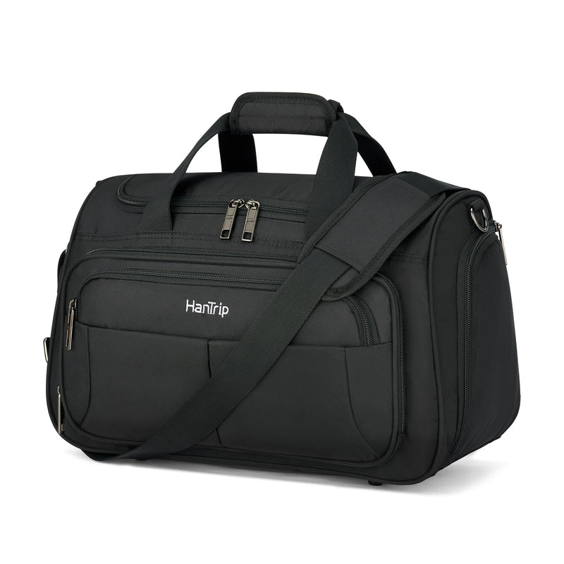 HanTrip Carry on Duffel Bag Foldable Duffle Bags for Travel, Under Seat Personal Item Bags for Airplanes, Weekender Overnight Mens Travel Tote Bag for Women Small Softside Carry on Luggage (Black)