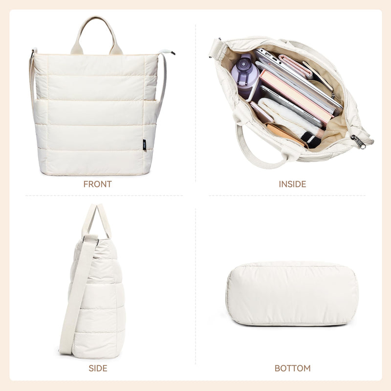 KALIDI Quilted Tote Bag, Puffer Hobo Bag Anti Splash Crossbody Zipper Gym Bag Large Casual Travel Work Daily Women, Beige