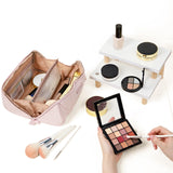 NISHEL Travel Makeup Bag for Women, Fluffy & Lightweight Open Flat Cosmetic Organizer with Multiple Functional Divider for Brush Independent Storage, Handle for Easy Portability, Pink