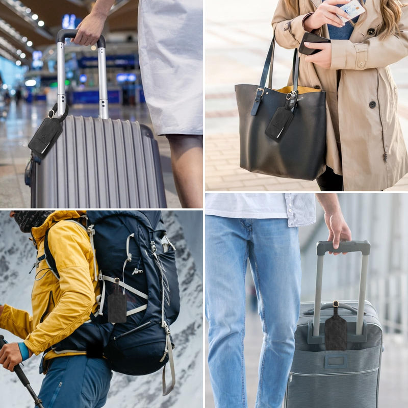 1 Pack Luggage Tag, PU Leather Suitcase Tags Identifiers Privacy Cover ID Label for Travel Bag Suitcase with 2 Pack Luggage Straps for Hats, Bags and Travel Accessories Clip(L-Black)