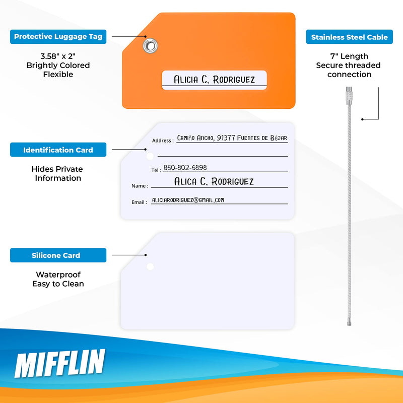 Mifflin-USA Silicone Luggage Tags (Orange, 2 Pack) with Plane Embedded Design & Name ID Card; Bright Colors to Quickly Find Your Bag