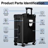 Krute No Zipper Carry On Luggage 20 Inch Suitcase with Wheels PC Aluminum Frame Zipperless Luggages with Cup Holder and Charger Hard Side TSA Approved Travel Suitcases