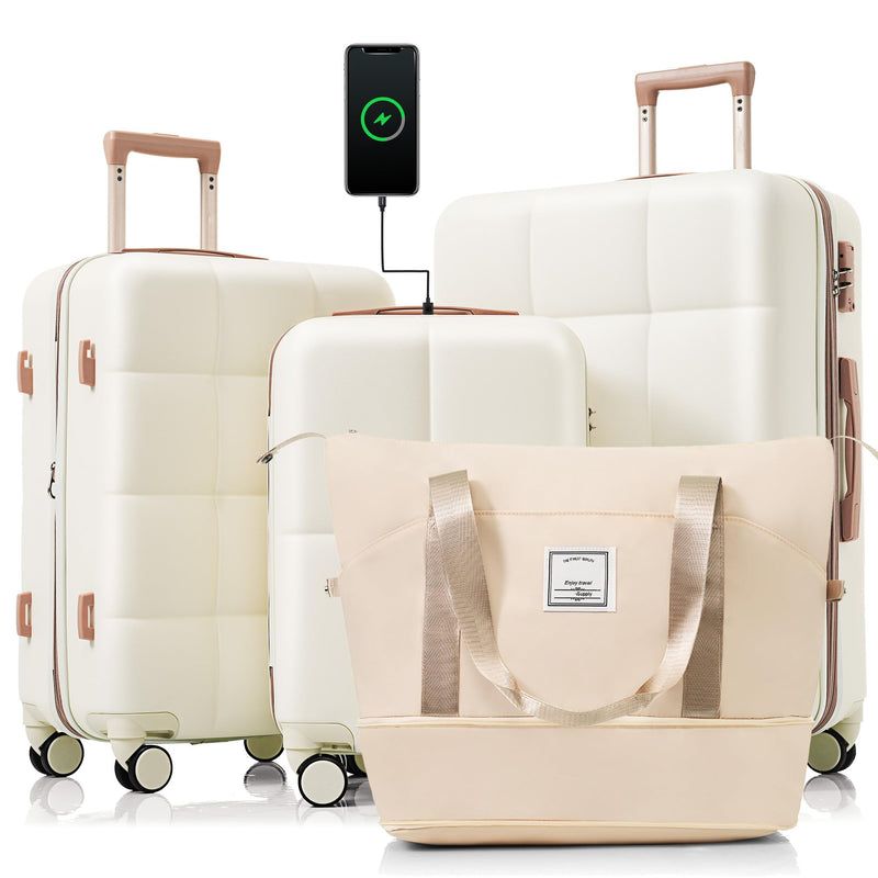 Merax 4 Piece Luggage Set, 20” with USB Port, Expandable ABS Durable Suitcase with Travel Bag, Cup Holder, ABS Hard Shell Luggage with Spinner Wheels, Beige+Gold
