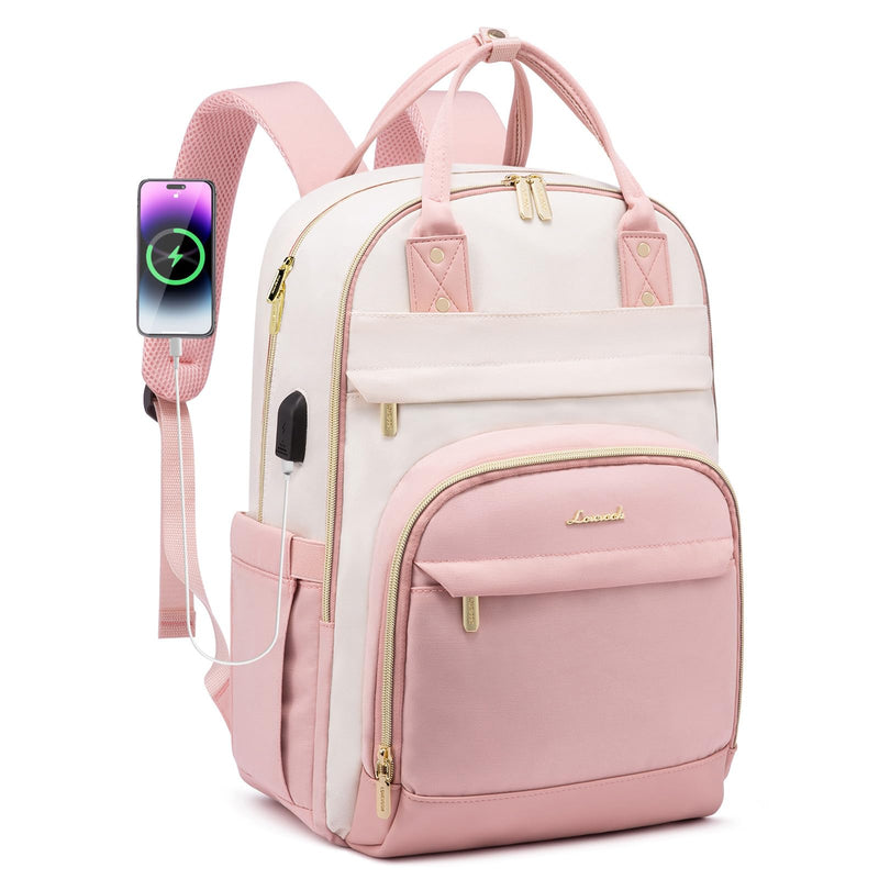 LOVEVOOK Backpack for Women,Laptop Backpack Women,Fits 15.6 Inch Laptop Bag,School Backpacks,Fashion Travel Work Anti-theft Bag,Waterproof Business Computer College Backpack Purse,Beige-Pink-Pink