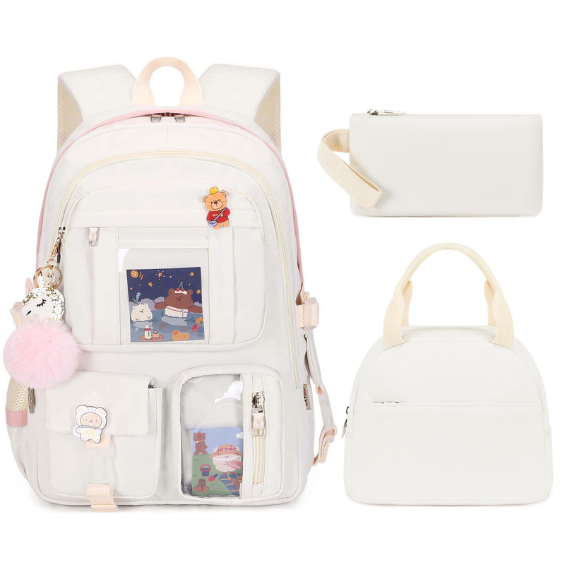 LXYGD Laptop Backpacks 16 Inch School Bag College Backpack 3 PCS with Lunch Box Pencil Pouch Set Large Travel Daypack Kawaii Bookbags for Teens Girls Women Students (Off-white)