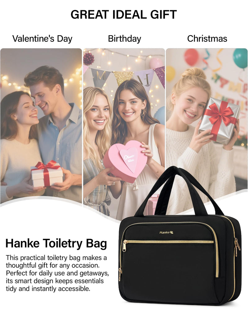 Hanke Hanging Travel Toiletry Bag for Women, Water-Resistant Makeup Organizer with Hook, Cosmetic Bag for Bathroom & Travel Essentials Accessories, Black