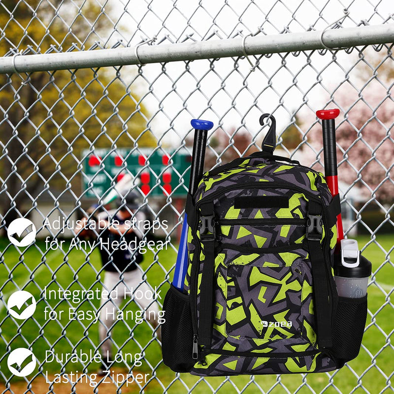 ZOEA Baseball Bat Bag Backpack, T-Ball & Softball Equipment & Gear for Youth, Large Capacity Holds 2 Bats, Helmet, Gloves, Cleats, Helmet Holder and Includes Fence Hook (Green)