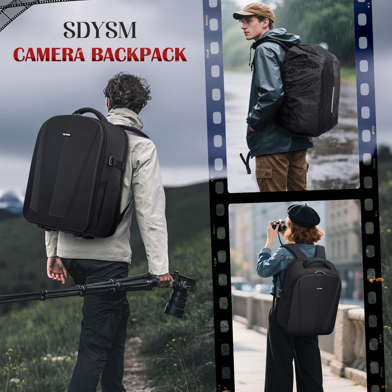 SDYSM Camera Backpack, Hardshell DSLR/SLR Camera Bag with Lens Pouch & 15.6" Laptop Compartment Waterproof Camera Case with Rain Cover Photography Backpack Compatible for Canon/Nikon/Sony/Drone Black