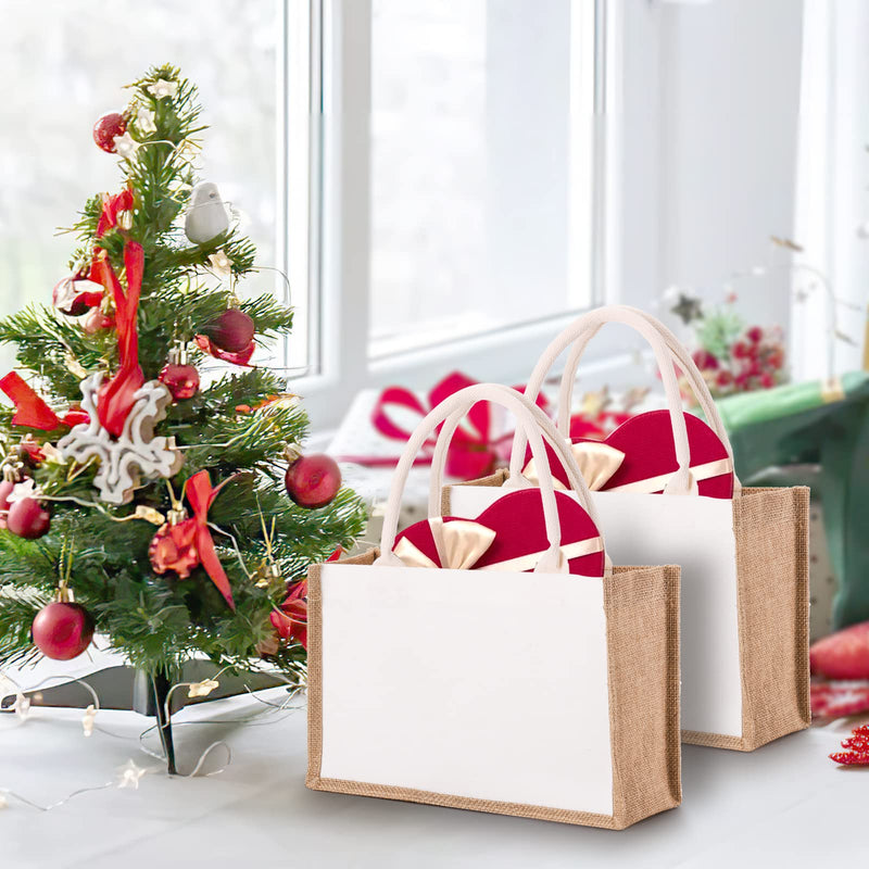 SOUJOY 6 Pack Burlap Tote Bags, Reusable Jute Gift Bags with Handles, Water Resistant Beach Bag, 14.7" x 9.8" x 4.5" Canvas Grocery Shopping Bag for Bridesmaid, DIY, Shopping, Wedding, Christmas