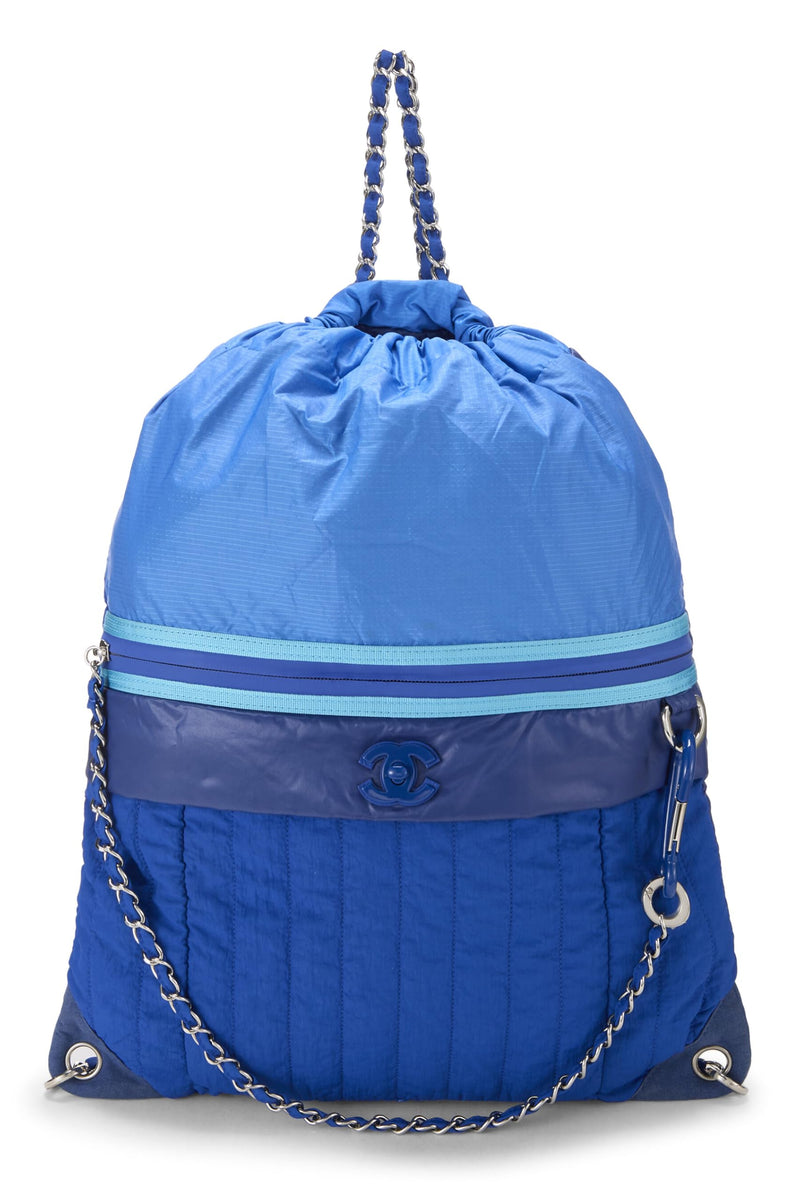 Chanel, Pre-Loved Nylon Coco Neige Drawstring Backpack, Blue