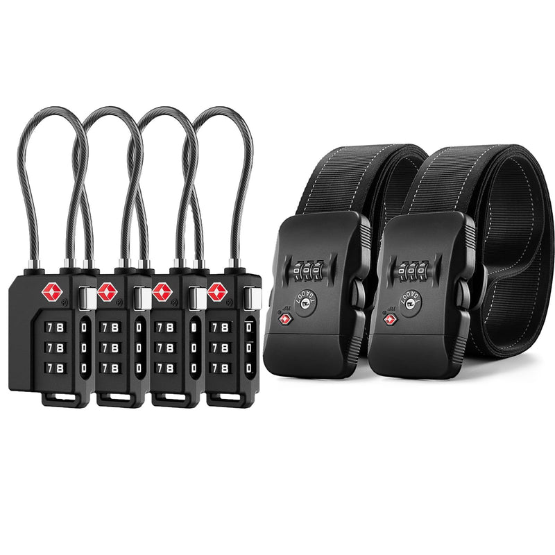 Travel Security Bundle – LUGGEX TSA Luggage Locks and Luggage Straps Combo (Black)