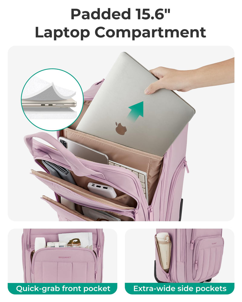 BAGSMART Small Underseat Carry on Luggage with Wheels, 16 inch Small Under Seat Luggage, Lightweight Travel Suitcase for Women, Mist Purple