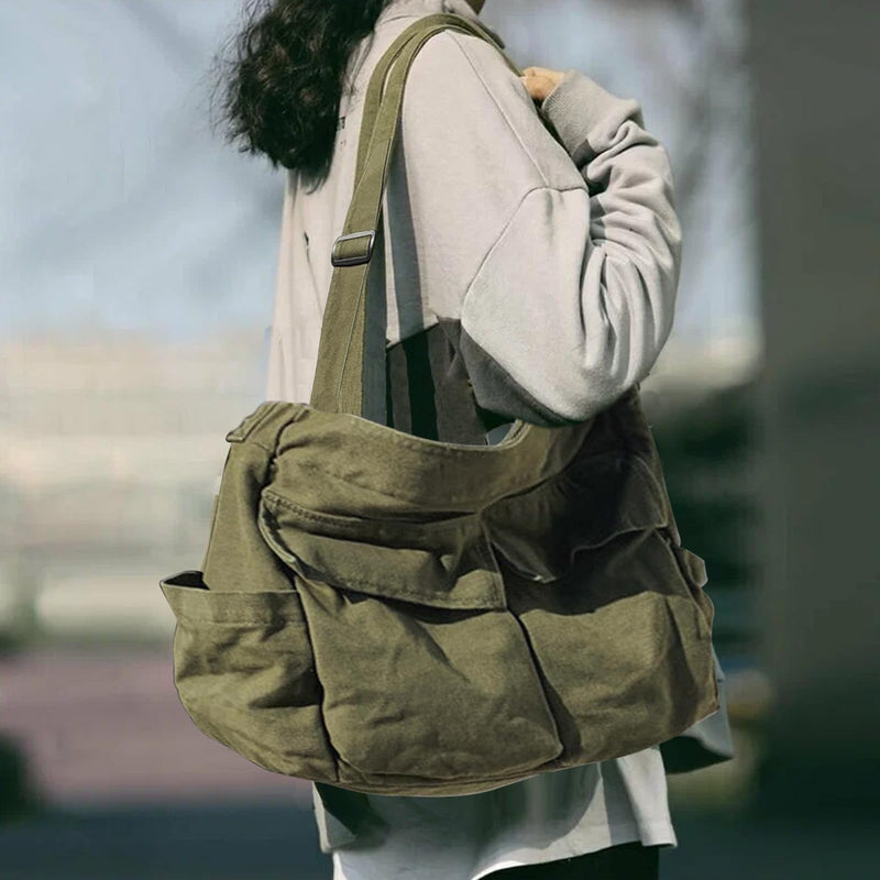 Canvas Messenger Bag for Women and Men, Grunge Bag with Fairy Grunge Bracelet, Hippie Crossbody Shoulder Bag for Women with Leather Beaded Bracelets Fairy Grunge Clothes Accessories (Military Green)